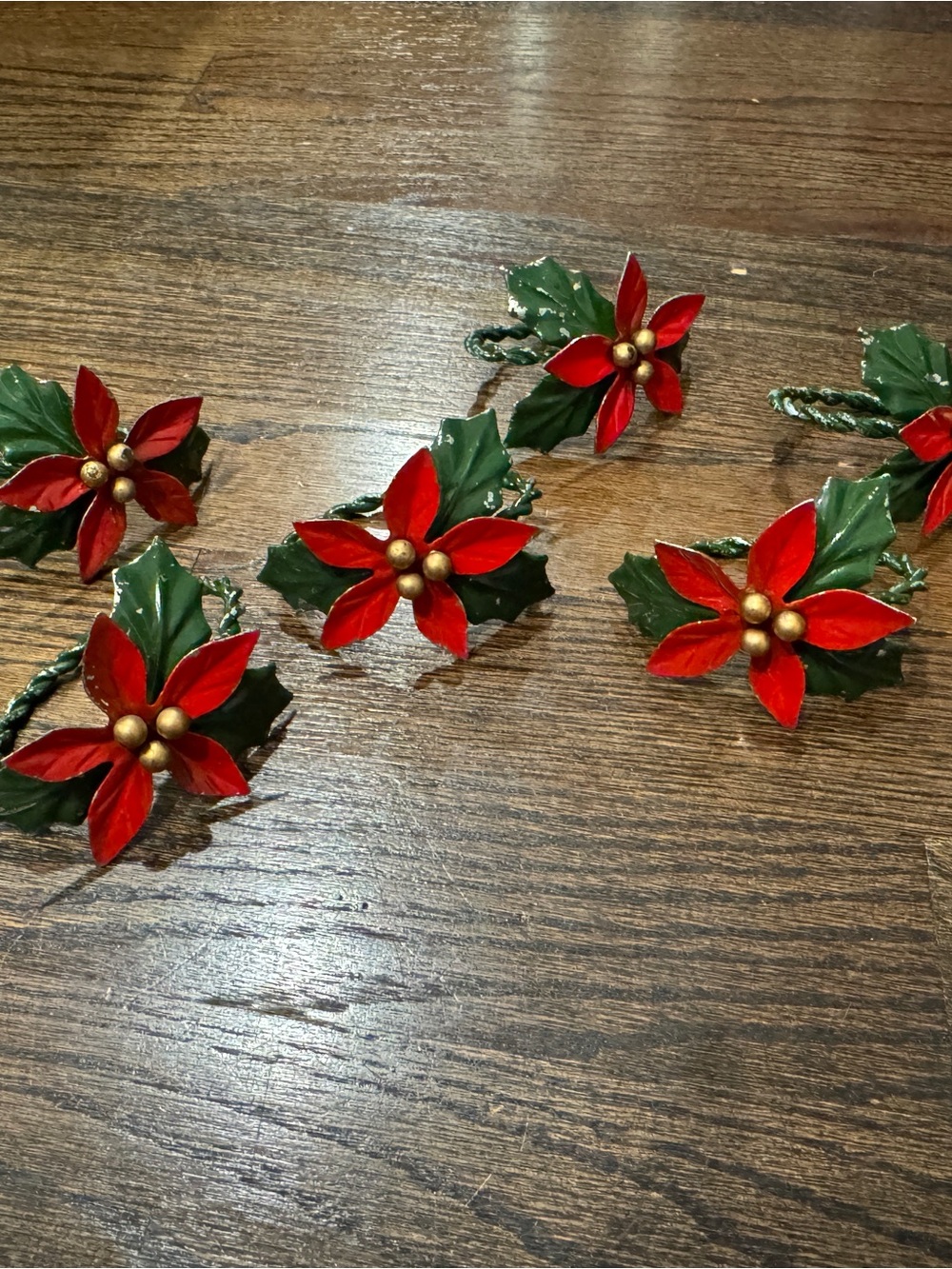 Vintage Christmas Napkin Rings Holiday Poinsettia Hair - Red & Green - Metal